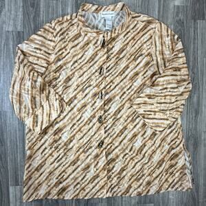 Draper’s & Damon’s 1X Sheer Button Blouse Brown Beige Abstract Tiger Stripe Top